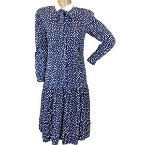 Brooks Brothers 100% Silk Polka Dot Dress 10 Button-Up Drop Waist Tie Neck 277D